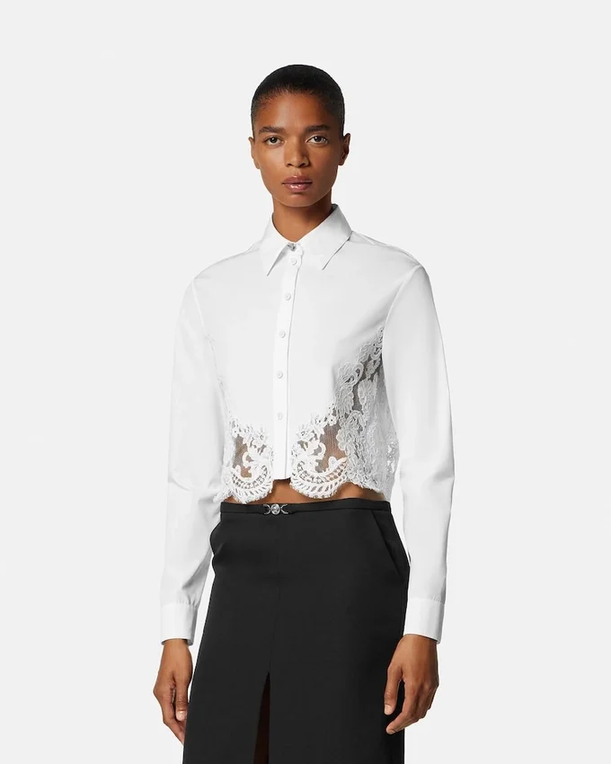 Chemise en popeline de coton bordée de dentelle Chemise en popeline de coton bordée de dentelle