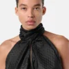 Haut lavallière en soie jacquard à motif V intégral Haut lavallière en soie jacquard à motif V intégral