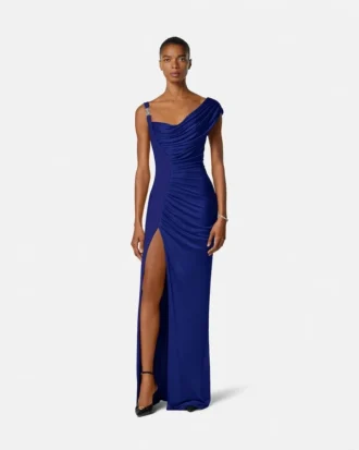 Robe longue drapée en crêpe satiné envers