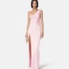Robe longue drapée en crêpe satiné envers