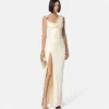 Robe longue drapée en crêpe satiné envers