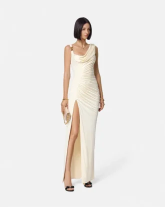 Robe longue drapée en crêpe satiné envers