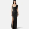 Robe longue drapée en crêpe satiné envers